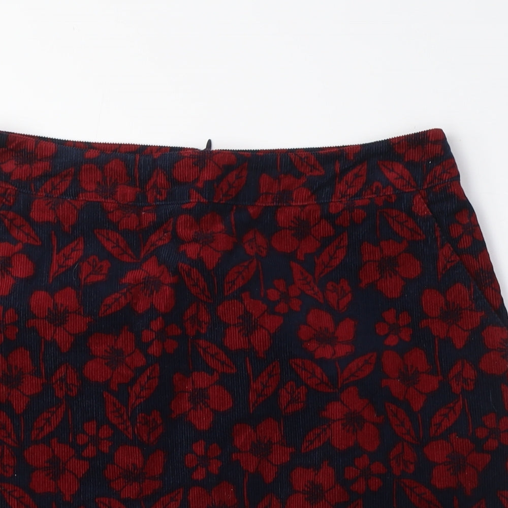 Seasalt Cornwall Womens Red Floral Cotton A-Line Skirt Size 12 Zip - Double Lined