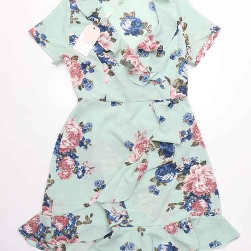 Stella Morgan Womens Green Floral Polyester Wrap Dress Size 10 V-Neck Zip