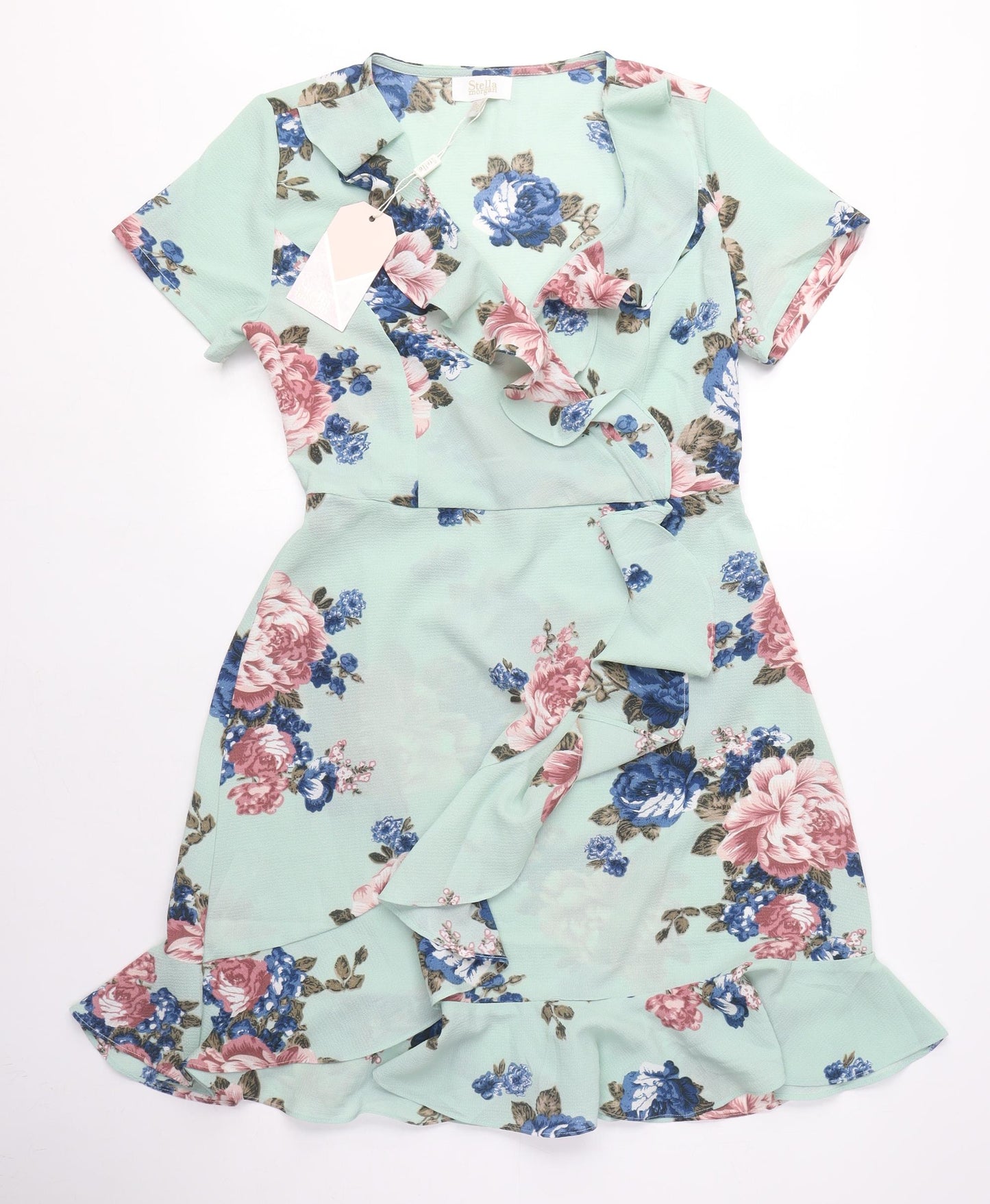 Stella Morgan Womens Green Floral Polyester Wrap Dress Size 10 V-Neck Zip