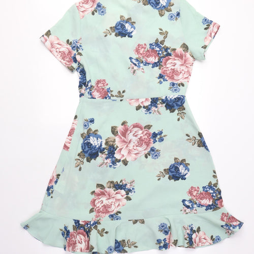 Stella Morgan Womens Green Floral Polyester Wrap Dress Size 10 V-Neck Zip