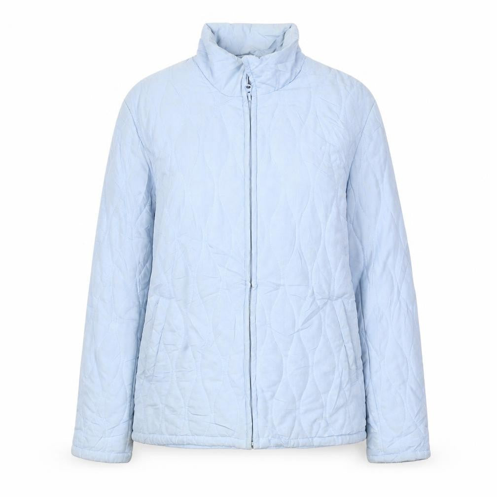 Front view of Jack Murphy women’s blue quilted coat, size UK 12, zip