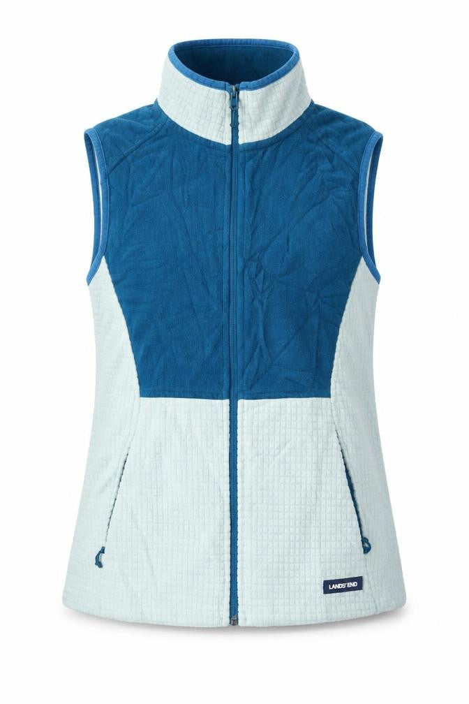 Front view of Lands' End women’s blue gilet jacket, size S, zip