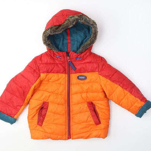 Baker Baby Orange Puffer Jacket Coat Size 18-24 Months Zip - Fur Lined Hood, Fleece lined