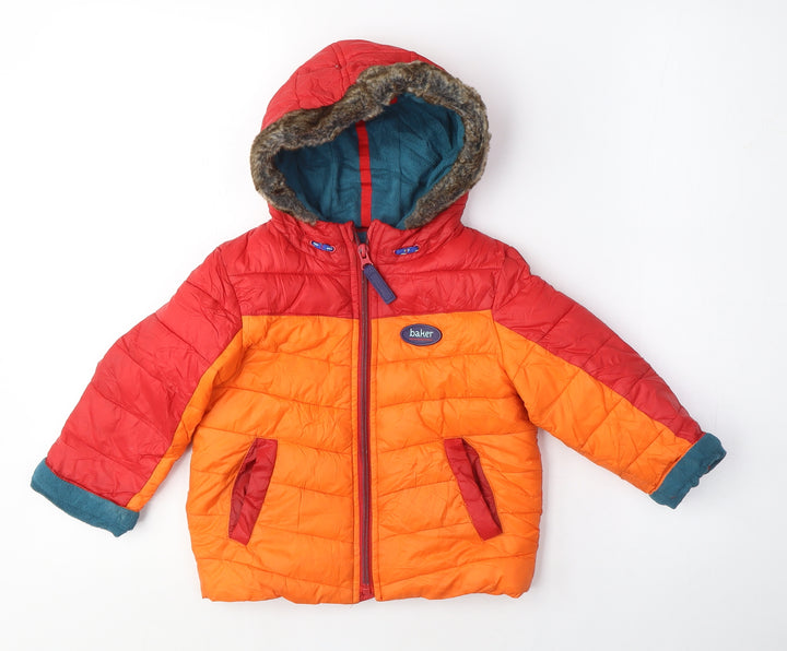Baker Baby Orange Puffer Jacket Coat Size 18-24 Months Zip - Fur Lined Hood, Fleece lined