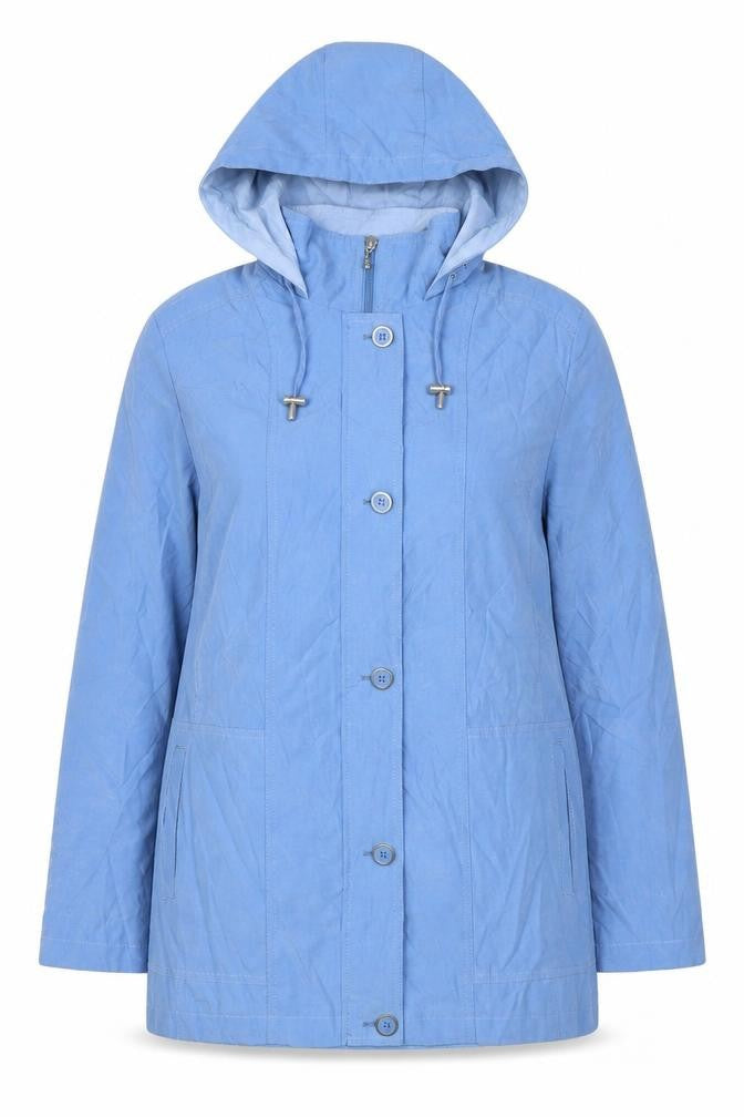 Front view of EMW women’s blue parka coat, size UK 10, button - vintage