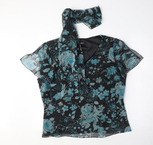 Jaques Vert Womens Blue Floral Polyester Basic Blouse Size 16 V-Neck - Vintage, Matching neck scarf