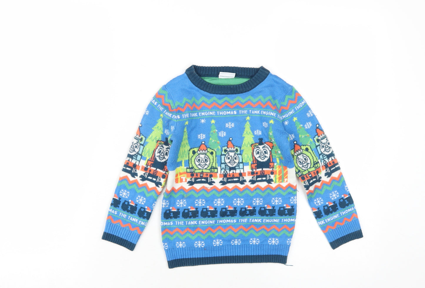 Thomas & Friends Boys Blue Crew Neck Geometric Acrylic Pullover Jumper Size 3-4 Years Pullover - Thomas the Tank Engine
