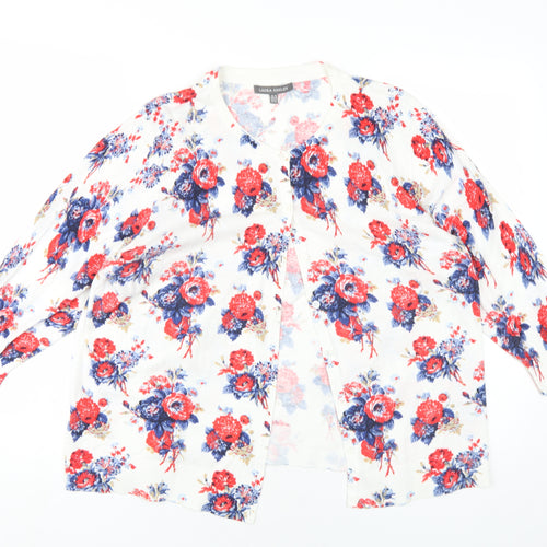 Laura Ashley Womens White Round Neck Floral Cotton Cardigan Jumper Size 18