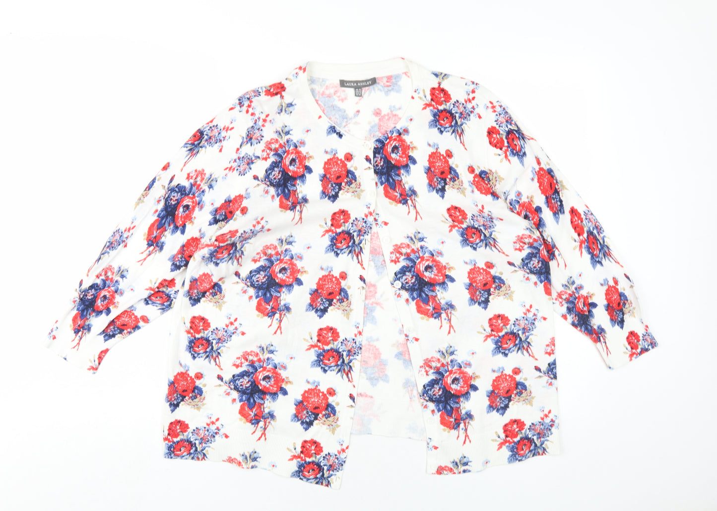 Laura Ashley Womens White Round Neck Floral Cotton Cardigan Jumper Size 18