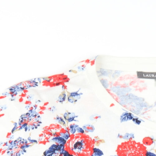 Laura Ashley Womens White Round Neck Floral Cotton Cardigan Jumper Size 18