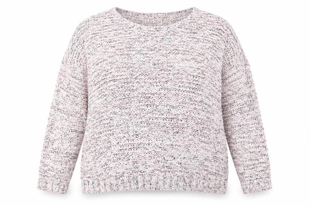 Front view of Anthology women’s pink round neck acrylic jumper, size UK 20