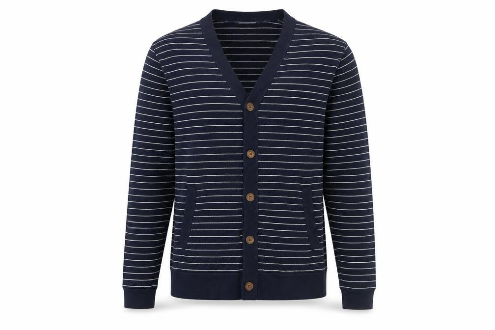 Hawkings McGill Mens Blue V-Neck Striped Cotton Cardigan Jumper Size S Long Sleeve