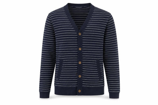 Front view of Hawkings McGill men’s blue v-neck striped cotton cardigan jumper, size S, long sleeve