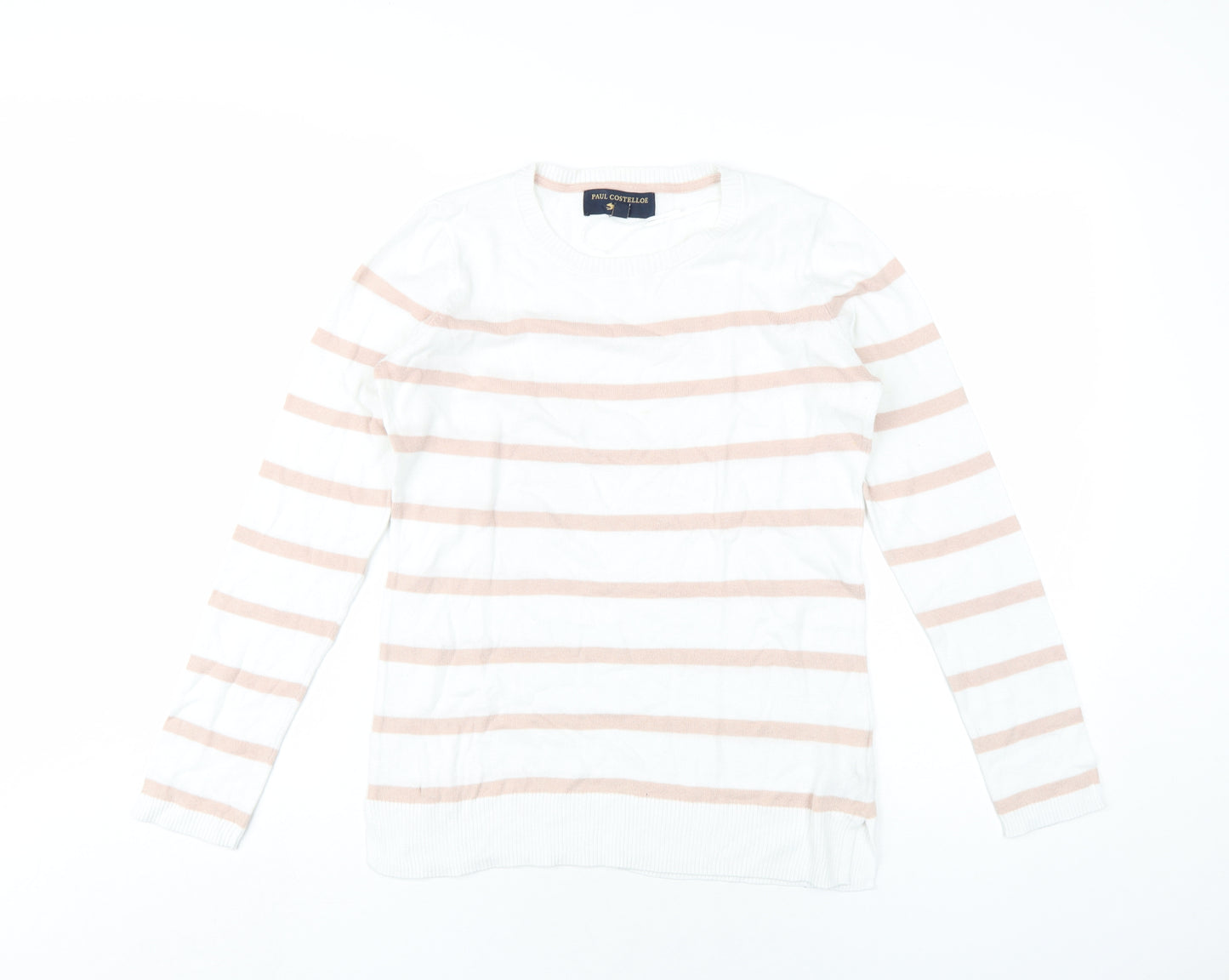 Paul Costelloe Womens White Round Neck Striped Cotton Pullover Jumper Size 10