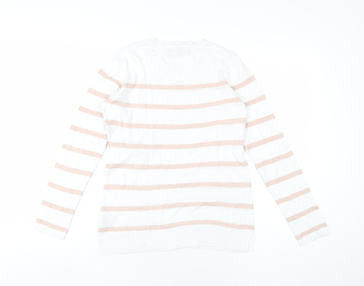 Paul Costelloe Womens White Round Neck Striped Cotton Pullover Jumper Size 10