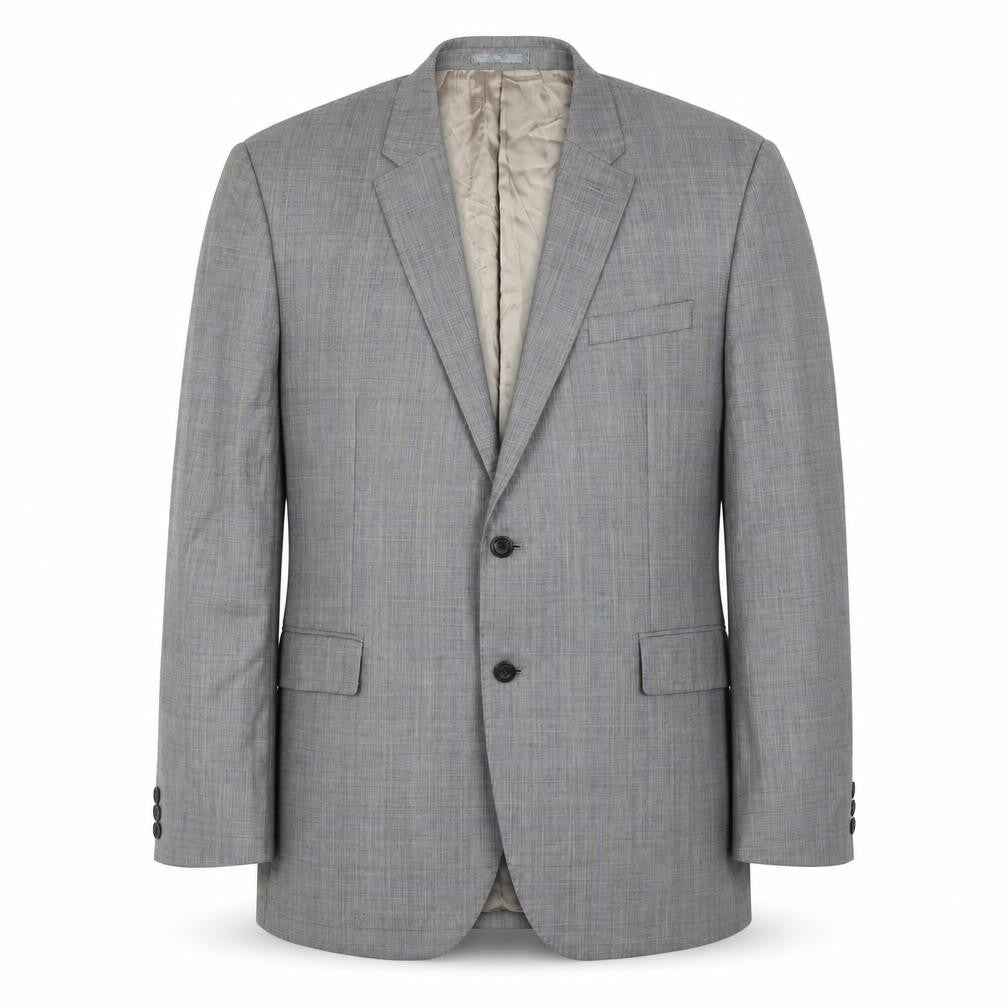 Front view of Revenge men’s grey plaid wool jacket blazer, size 48, regular