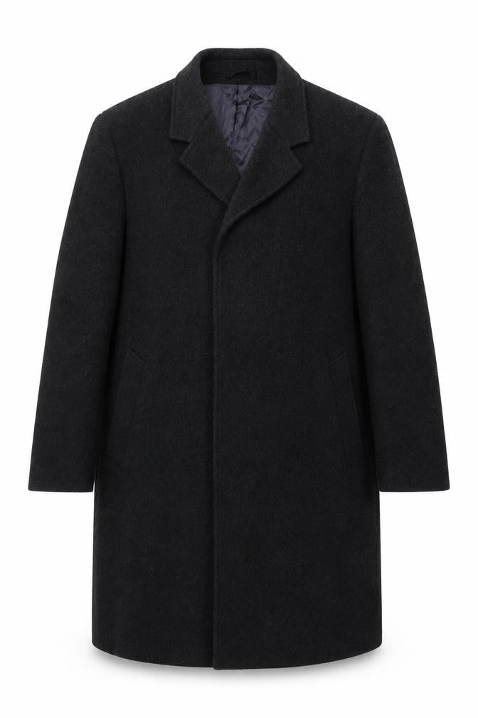 Front view of Hodges men’s black overcoat coat, size L, button