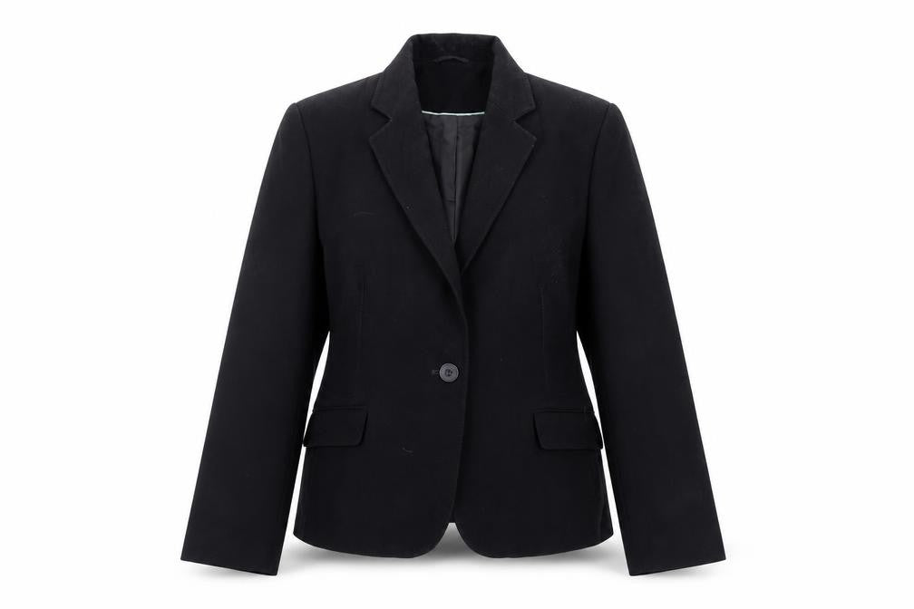 Front view of Berkertex women’s black polyester jacket blazer, size UK 14