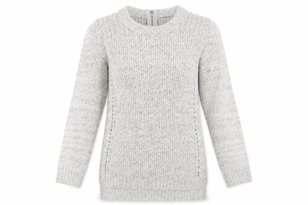 Front view of Indigo women’s grey round neck acrylic jumper, size UK 8