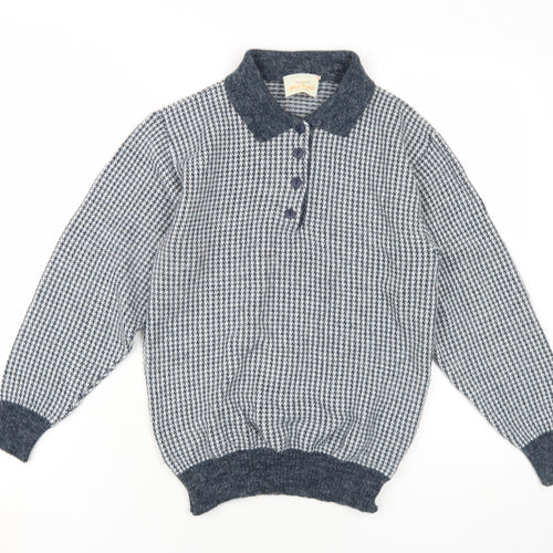 Glenn Russel Womens Blue Collared Geometric Acrylic Pullover Jumper Size S
