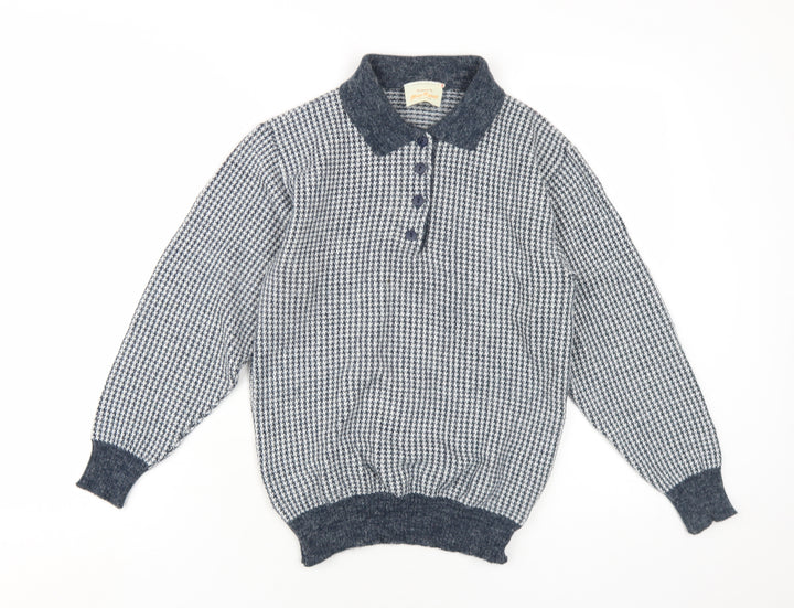 Glenn Russel Womens Blue Collared Geometric Acrylic Pullover Jumper Size S