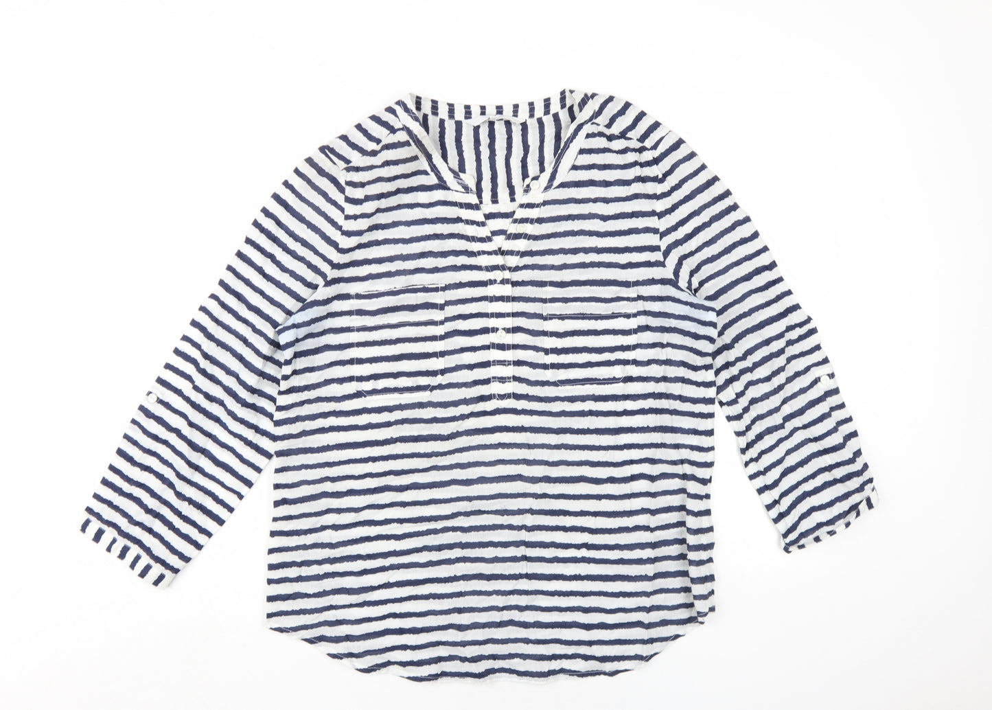 Jasper Conran Womens Blue Striped Cotton Basic T-Shirt Size 14 V-Neck