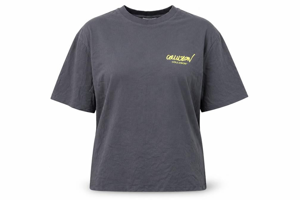Front view of Collusion women’s grey cotton basic t-shirt, size XS, round neck