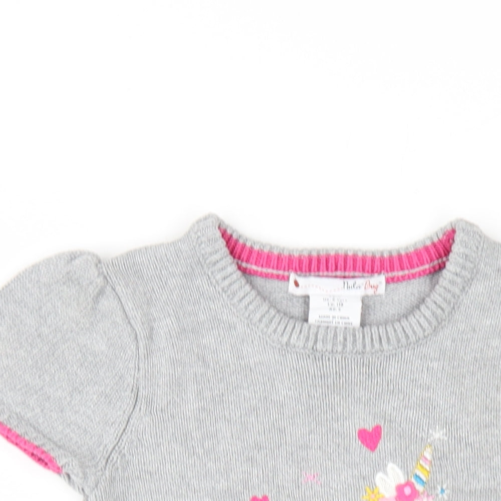 Nula Bug Girls Grey Cotton A-Line Size 5 Years Round Neck Pullover - Unicorn