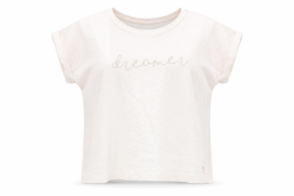 Front view of Iris & Edie women’s pink cotton basic t-shirt, size UK 8, round neck