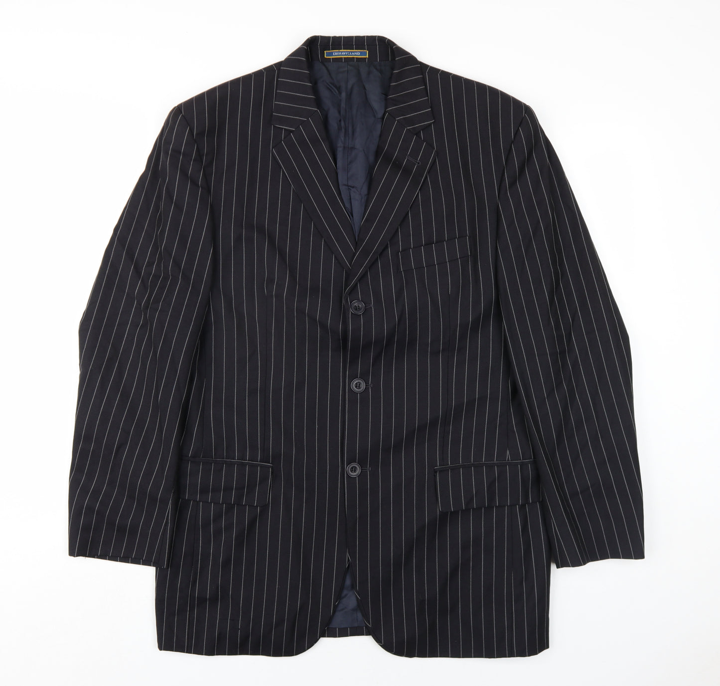 Dehavilland Mens Black Striped Wool Jacket Blazer Size 38 Regular