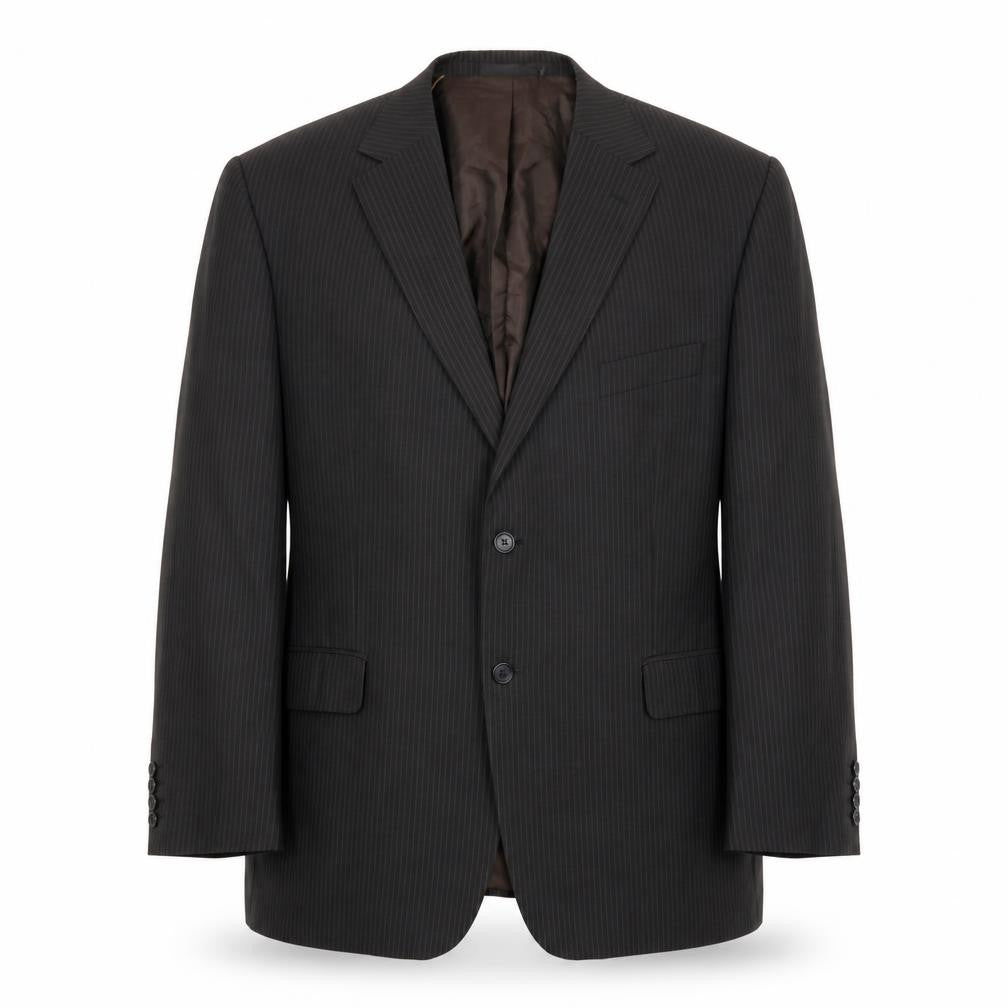 Front view of Marks & Spencer men’s brown striped wool jacket blazer, size 46, regular