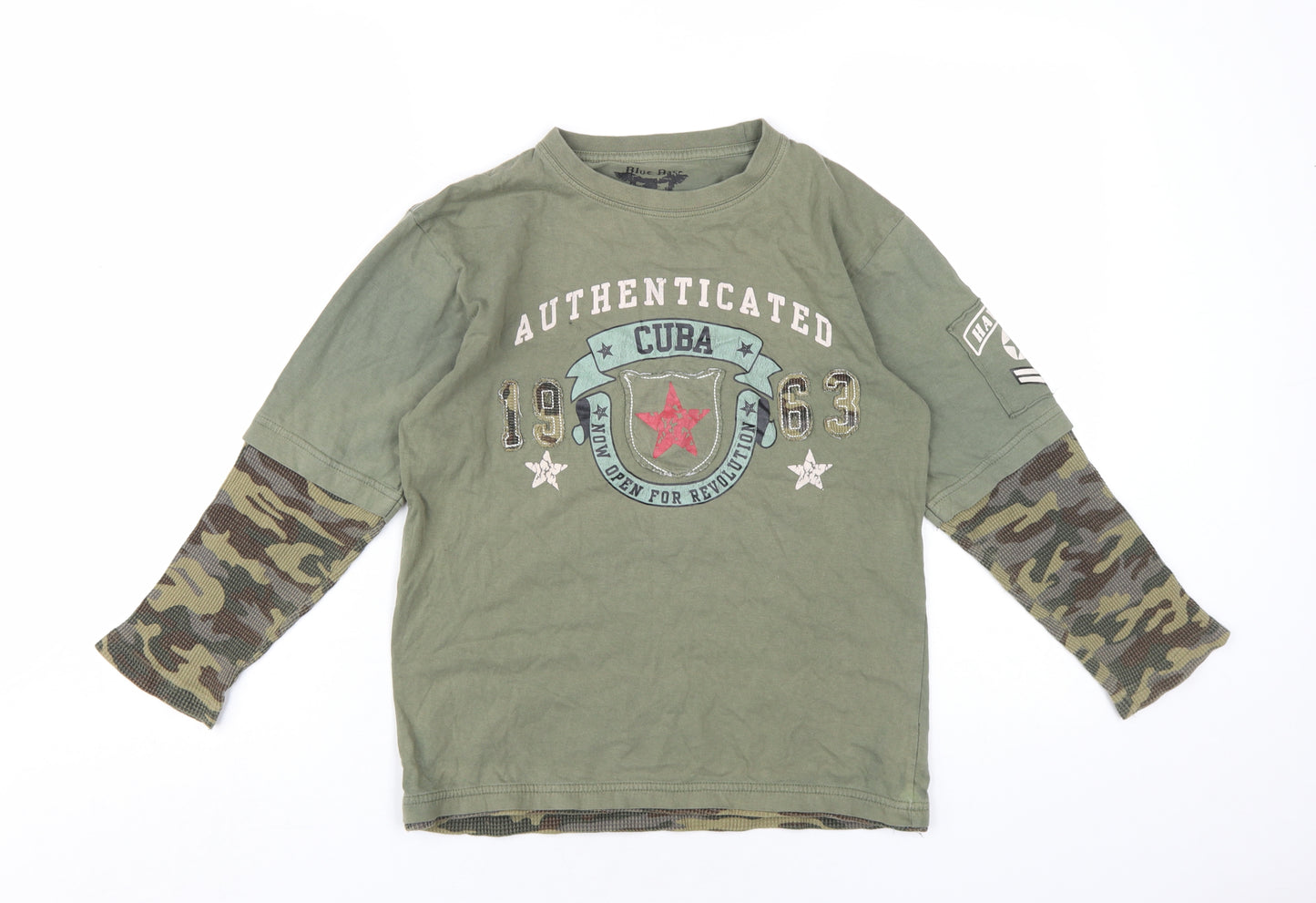 Blue Base Boys Green Camouflage Cotton Basic T-Shirt Size 10-11 Years Round Neck Pullover