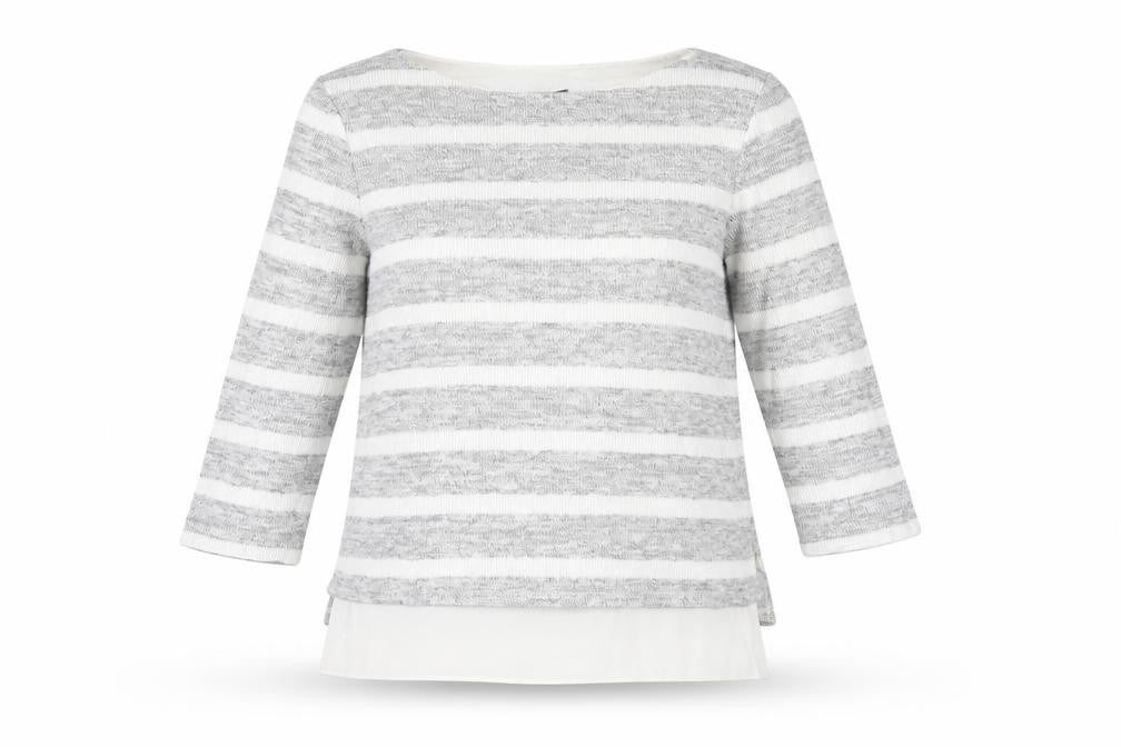 Front view of Phase Eight women’s grey striped viscose basic t-shirt, size UK 12, round neck