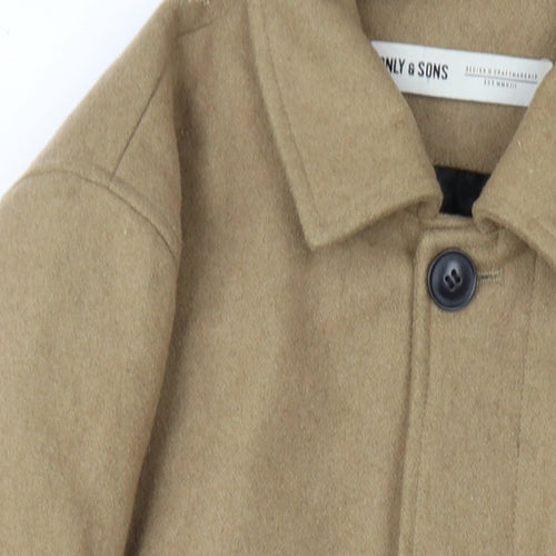 ONLY & SONS Mens Beige Overcoat Coat Size L Button