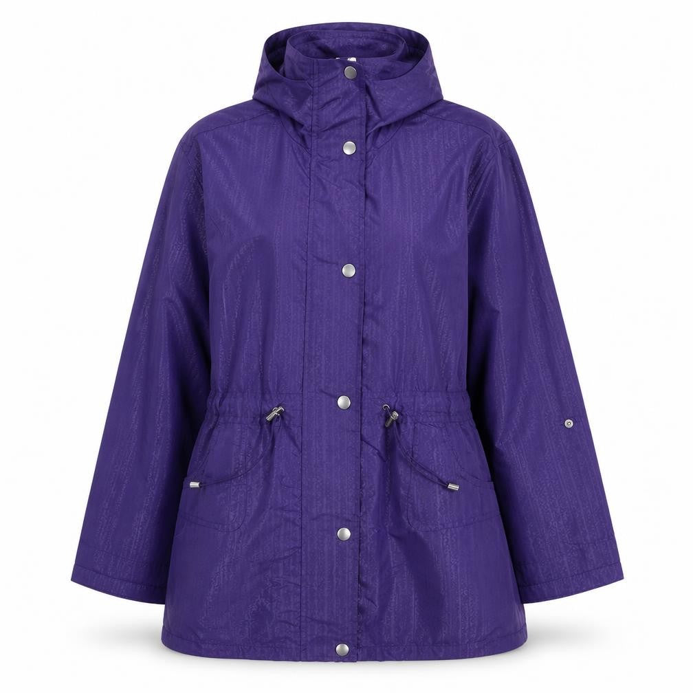 Front view of EWM women’s purple rain coat jacket, size UK 12, zip