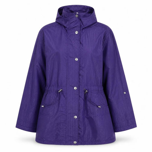 Front view of EWM women’s purple rain coat jacket, size UK 12, zip