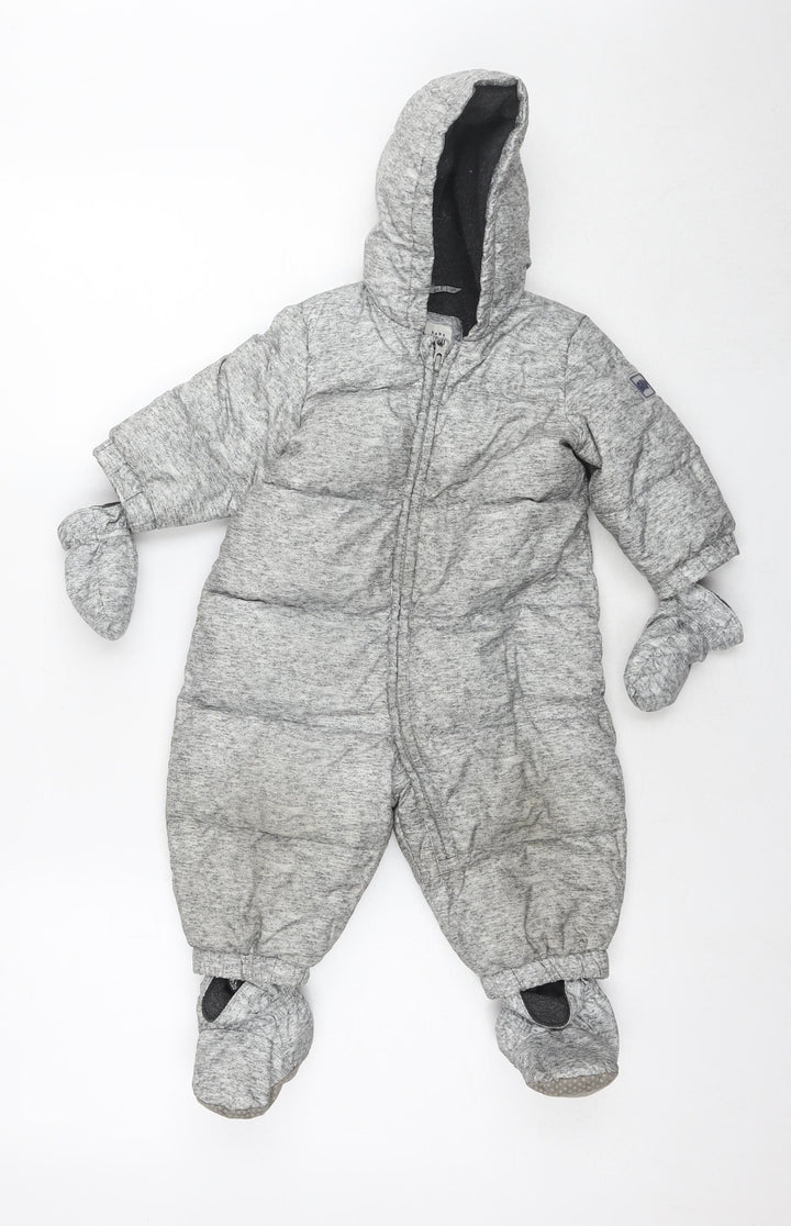 Gap Baby Grey Puffer Jacket Snowsuit Size 9-12 Months Zip - With Mittens & Shoes