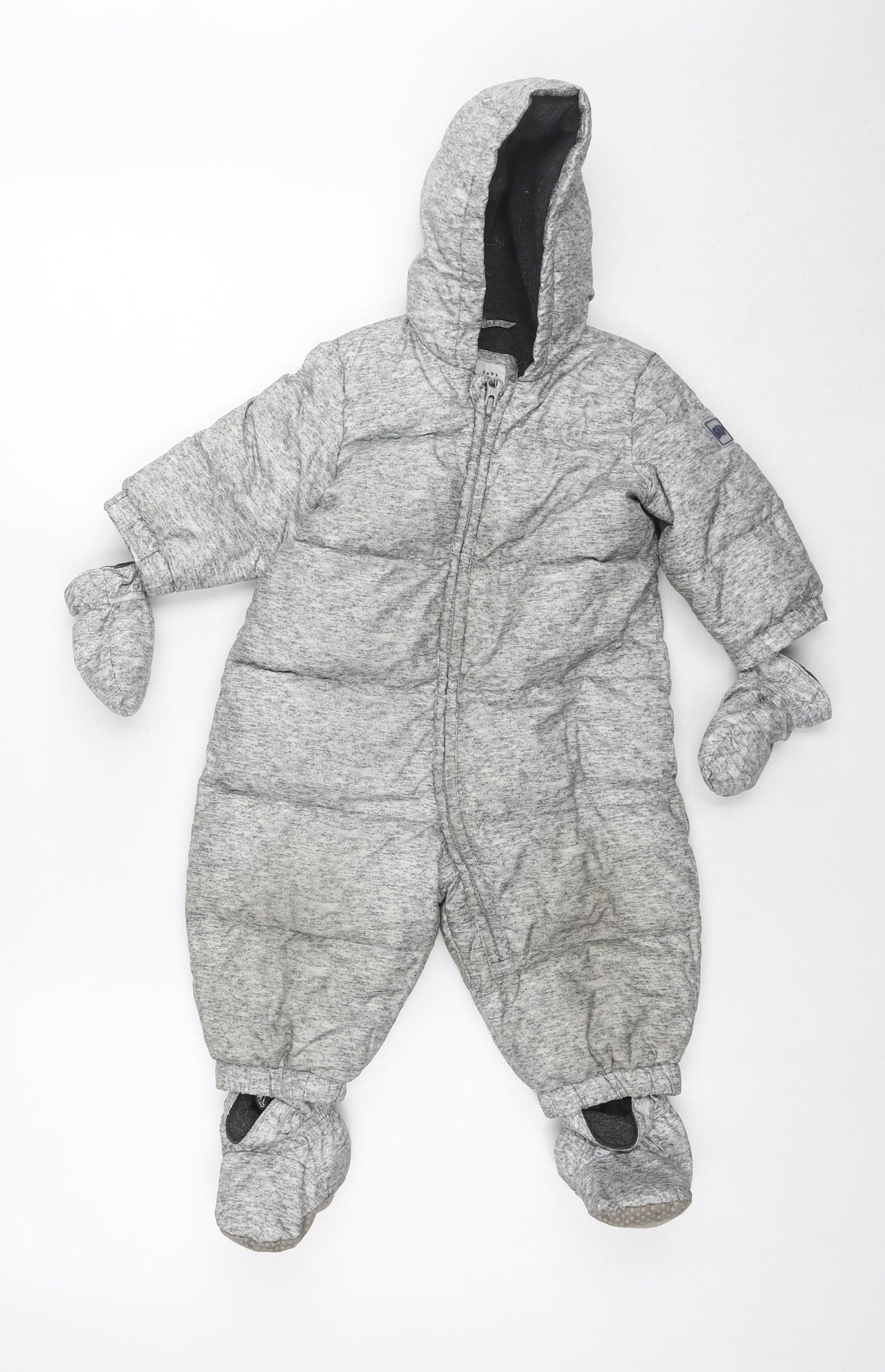 Gap Baby Grey Puffer Jacket Snowsuit Size 9-12 Months Zip - With Mittens & Shoes