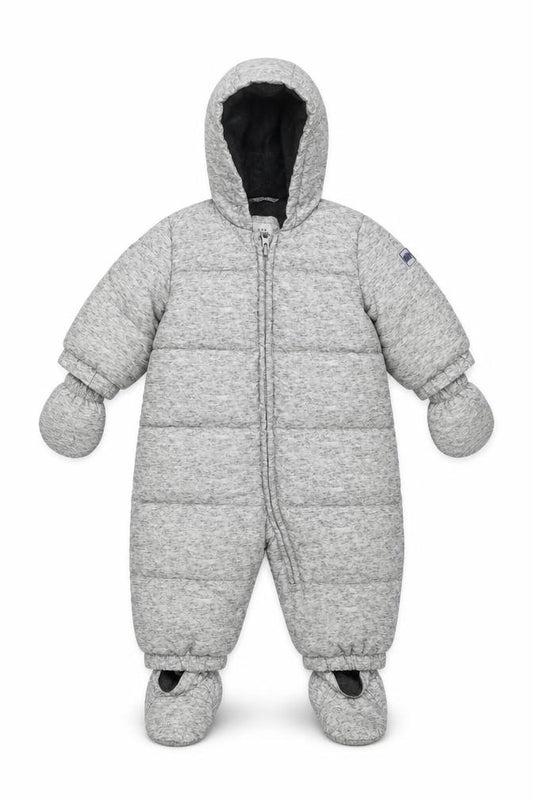 Front view of Gap Baby Grey Puffer Jacket Snowsuit, size 9-12, Months Zip - With Mittens & Shoes
