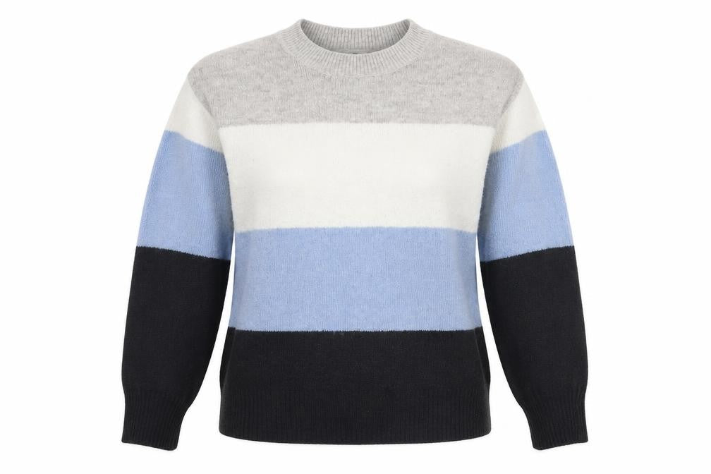 Front view of H&M women’s multicoloured round neck striped polyester jumper, size XS