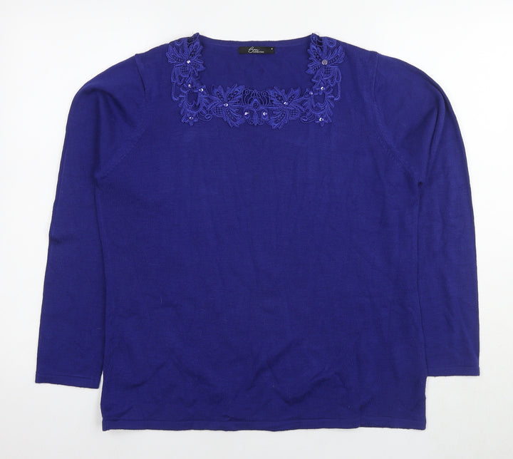 Bonmarché Womens Blue Round Neck Acrylic Pullover Jumper Size M - Lace Detail