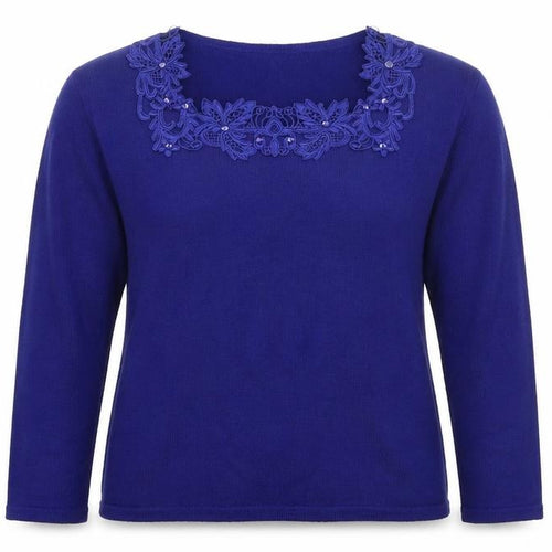 Bonmarché Womens Blue Round Neck Acrylic Pullover Jumper Size M - Lace Detail