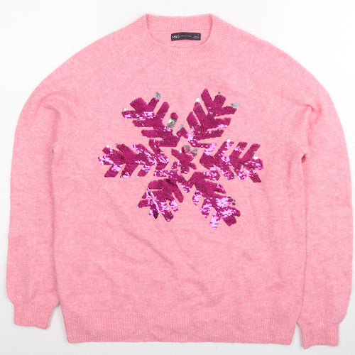Marks and Spencer Womens Pink Round Neck Acrylic Pullover Jumper Size S - Snowflake