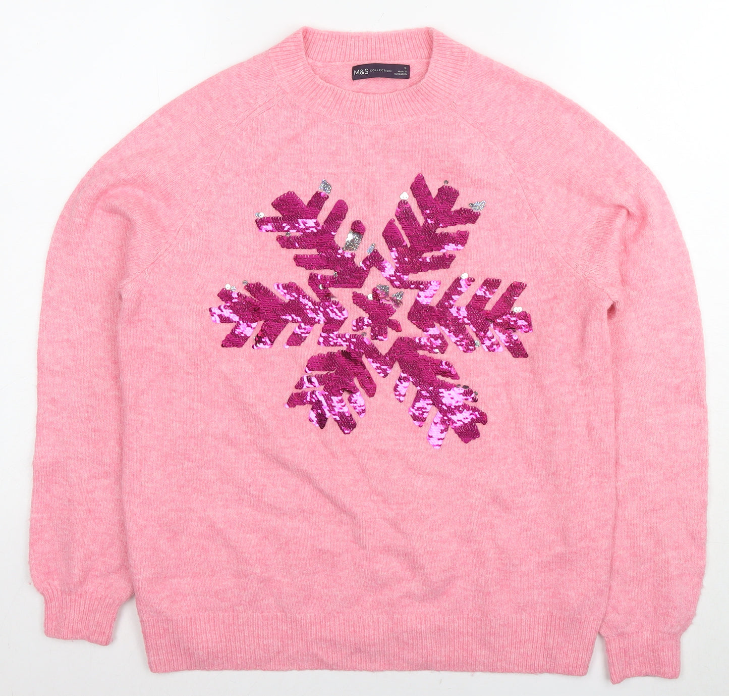 Marks and Spencer Womens Pink Round Neck Acrylic Pullover Jumper Size S - Snowflake