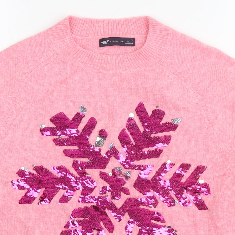 Marks and Spencer Womens Pink Round Neck Acrylic Pullover Jumper Size S - Snowflake