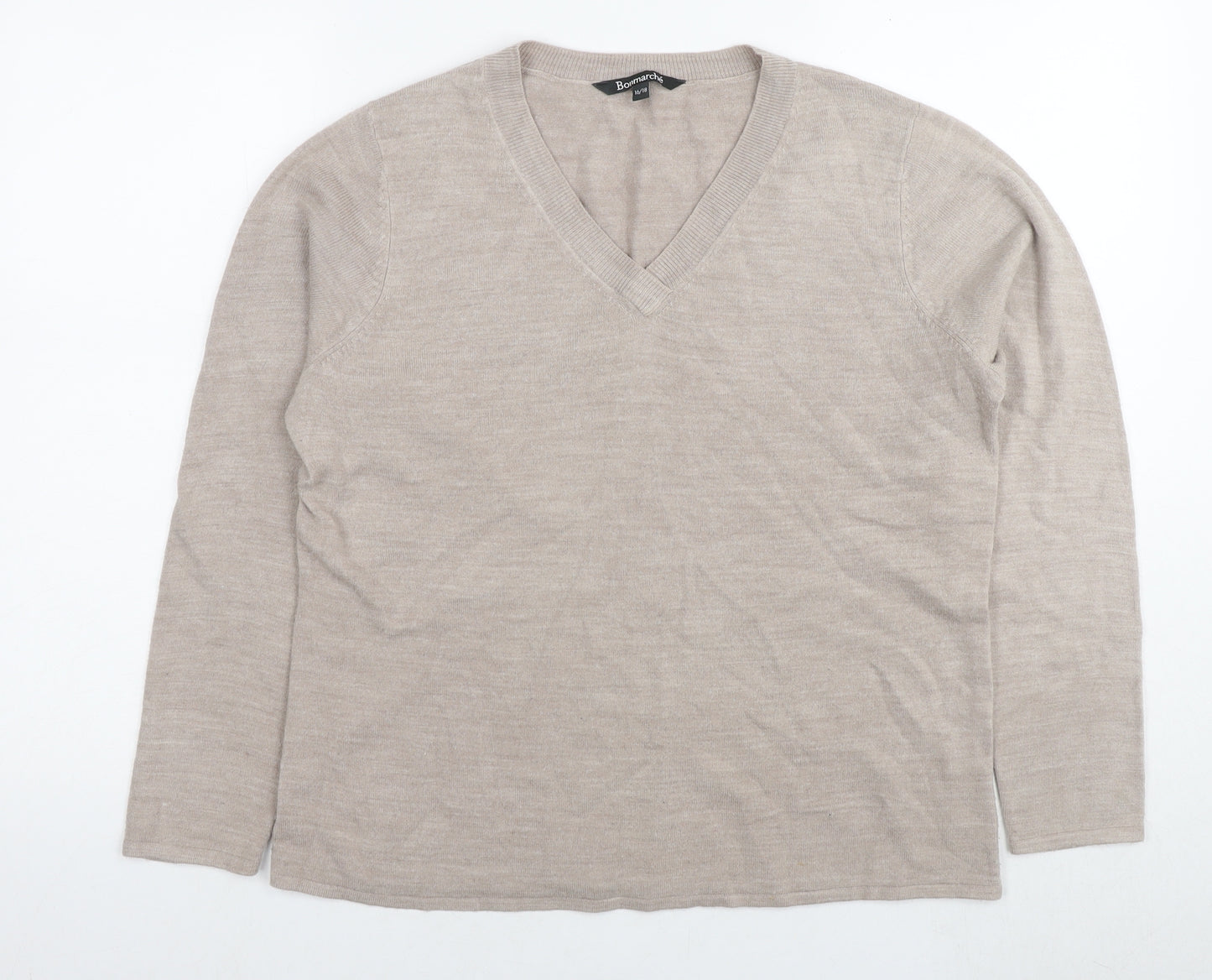 Bonmarché Womens Beige V-Neck Acrylic Pullover Jumper Size 16 - Size 16-18