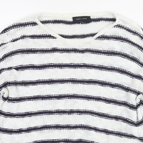 New Look Womens White Round Neck Striped Cotton Pullover Jumper Size 10