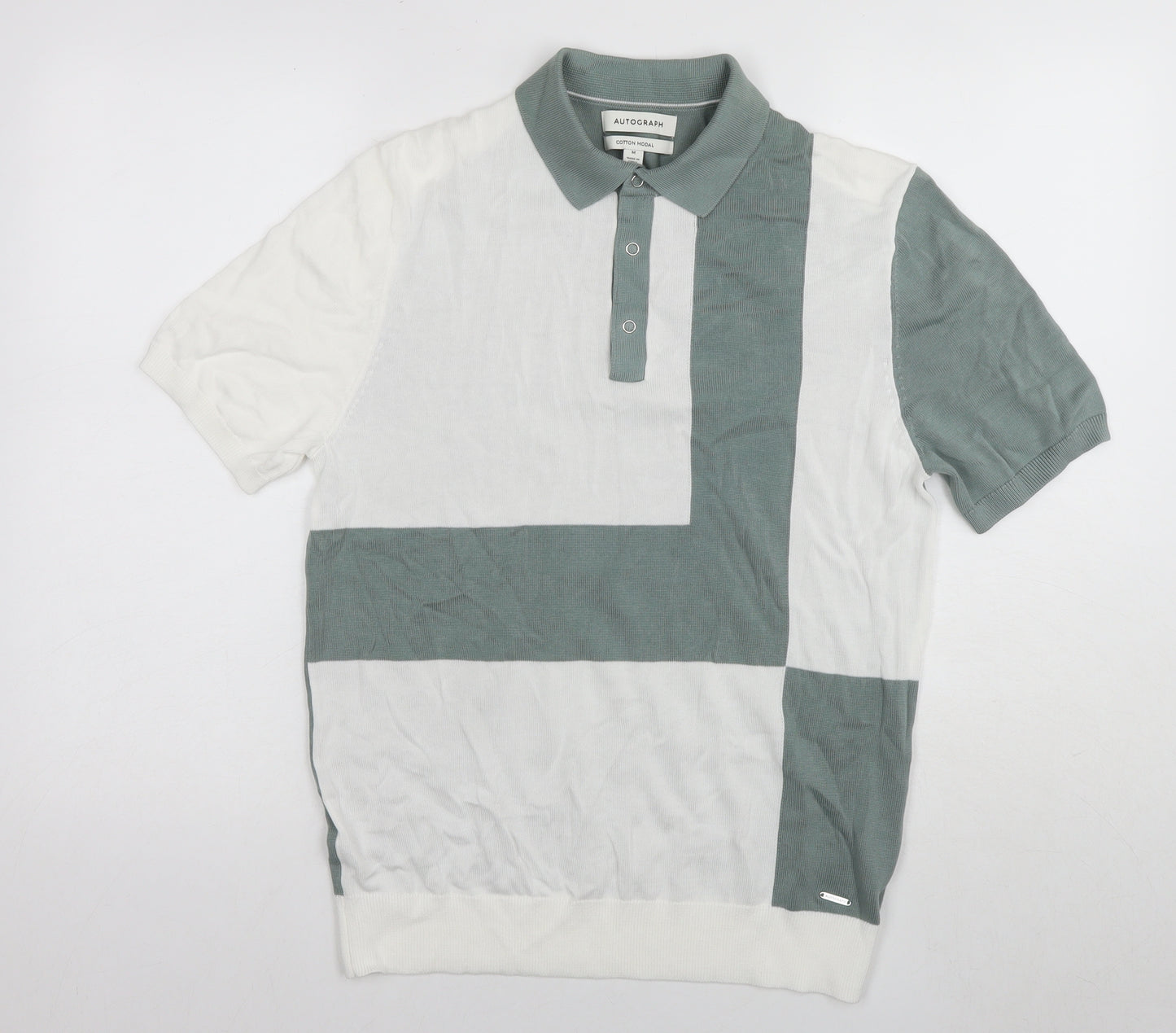 Autograph Mens Green Colourblock Cotton Polo Size M Collared Pullover
