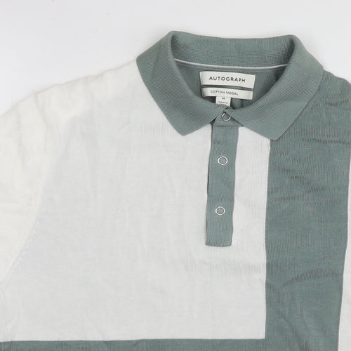 Autograph Mens Green Colourblock Cotton Polo Size M Collared Pullover