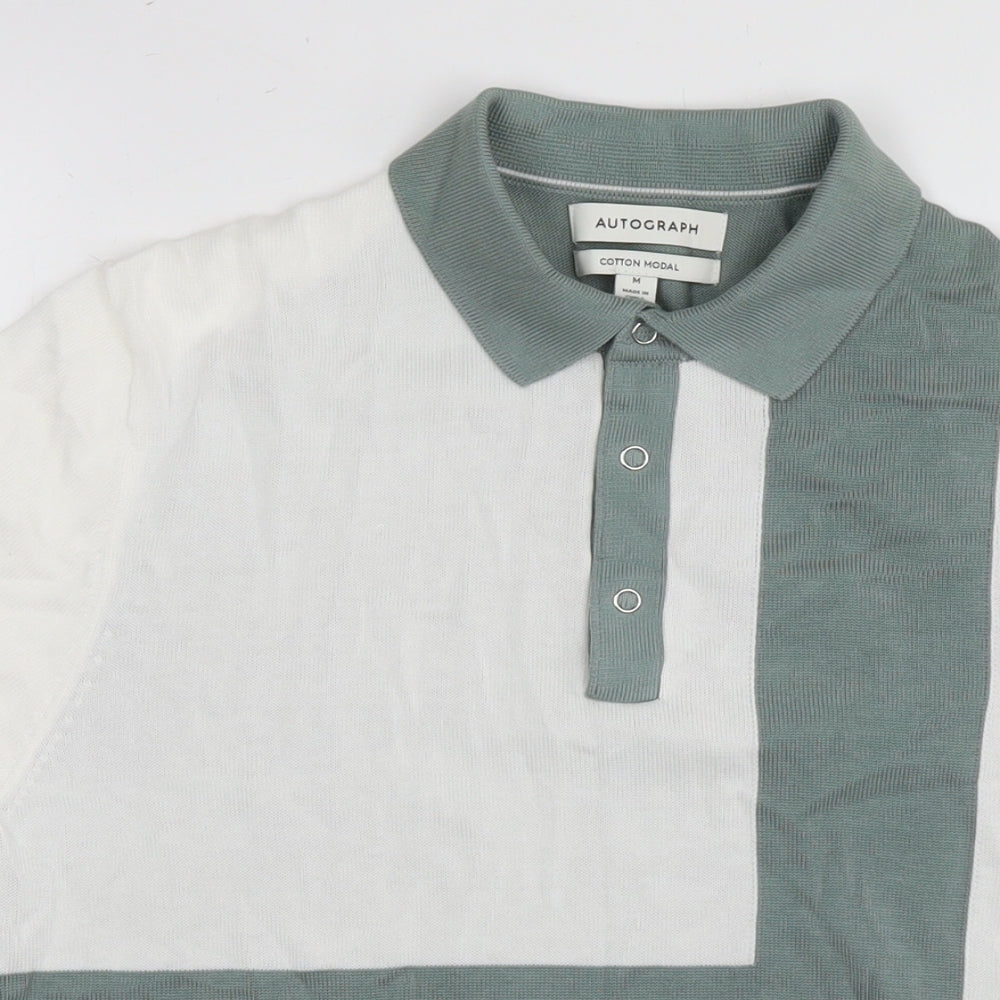 Autograph Mens Green Colourblock Cotton Polo Size M Collared Pullover